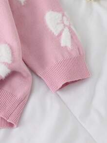 SHEIN Vintaside Kids Young Girls' Thick Pink Sweater With White Bow Crew Neck Pullover, Casual & Cute For Layering, Or Party Wear In Autumn/Winter Fall - Pink - View 5