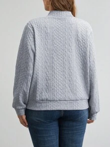 SHEIN LUNE 大码返校季灰色提花纹理面料飞行员夹克，正面中央拉链装饰，柔软舒适面料，休闲日常穿着，秋冬返校季外套，灰色时尚休闲提花针织夹克，适合秋季通勤 - 黑色 - 查看 3