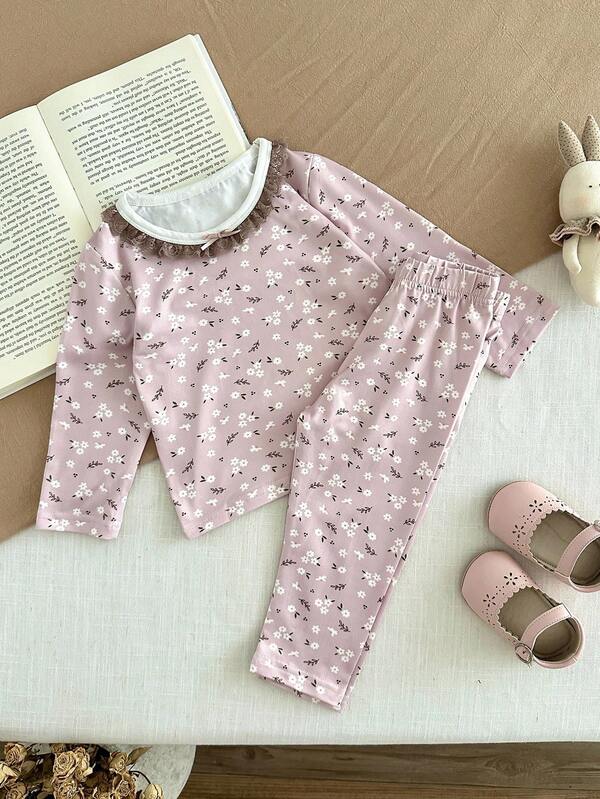 SHEIN Baby Girl Infant Toddler Newborn 0-3 Years Old Casual Daily Versatile Ditsy Floral Long Sleeve Top And Slim Fit Pants Set, Smoke Pink Fall Winter