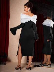 Allurite Robe moulante noire à manches longues, épaules dénudées, fendue, avec patchwork de maille pailletée élégante française pour femmes grandes tailles, printemps/automne. Robe de cocktail de soirée pour femmes. - Noir - Voir 2