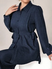 Graceveil Women 2pcs Set Front Button Long Sleeve Casual Blouse And Trousers 2 Pieces Set Modest - Navy Blue - View 8