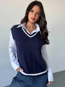 Firerie 女式条纹撞色麻花针织 V 领毛衣背心（不含衬衫），基本款日常通勤针织上衣，百搭必备，秋冬服装，通勤，优雅，休闲，日常，工作 - 藏蓝色 - 查看 4