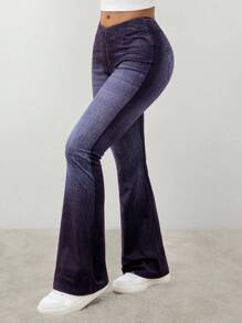 SHEIN PETITE CURVE Plus Size Non-Denim Flare Leg Pants, Denim Effect Print - Navy Blue - View 3