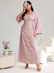 Yasmyna Women's Elegant Square Neck Patchwork Embroidered Cinched Waist Waist Dress, Spring/Summer Pink Dress Dress With Sleeves Lace Dress Elegant Dress - Pink - View 5
