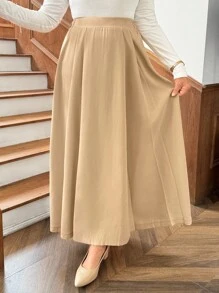 SHEIN LUNE Váy dài trơn màu giản dị cho nữ, mùa thu - Màu Khaki - Xem 6