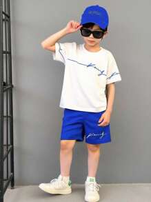 2pcs Toddler Boys King Graphic Print Round Neck Short Sleeve White T-Shirt And Blue Shorts Casual Outfit Set - Multicolor - View 1