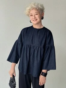 女士时尚休闲落肩牛仔衬衫 - 藍色 - 查看 5