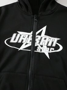 PAVTROS Star Print Streetwear Tween Boys Hooded Zip Up Jacket Chic Outfits For Autumn/Winter - Black - View 5