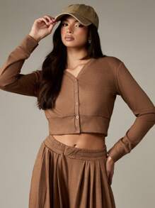MISSGUIDED Cropped V Neck Button Up Cardigan Long Sleeve Fitted Waist Fall Winter Casual Everyday Essential Basic Layering Sweater Fashion Front Closure Knitwear - Brown - View 1