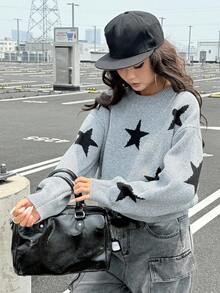 DAZY 女式宽松圆领印花街头风毛衣秋季 - 灰色 - 查看 3