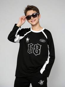 JNSQ Tween Boy Clothes, Autumn/Winter Long Sleeve T-Shirt With Funny Letter & Number Print, Suitable For Daily Wear, Outdoor Activities, Vacation, Streetwear, Party And Casual - Black and White - View 1