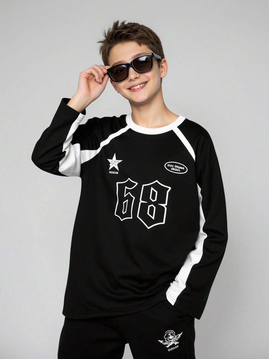 JNSQ Tween Boy Clothes, Autumn/Winter Long Sleeve T-Shirt With Funny Letter & Number Print, Suitable For Daily Wear, Outdoor Activities, Vacation, Streetwear, Party And Casual - Black and White - View 1