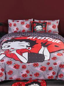 Betty Boop x SHEIN 3pcs Cartoon Character & Rose Floral Lip Kiss Print Reversible Bedding Set, Gifts,Suitable For Single Bed/Double Bed/Queen Bed/King Bed, Dormitory/Home,Gift Ideas,Party,Holiday,Valentine's Day - Multicolor - View 2