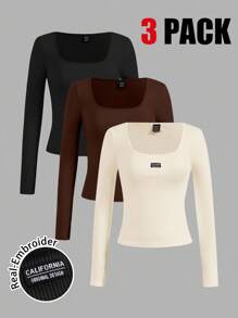 SHEIN EZwear 3 件女士休闲 U 领长袖紧身 T 恤，适合秋冬季 - 彩色 - 查看 1