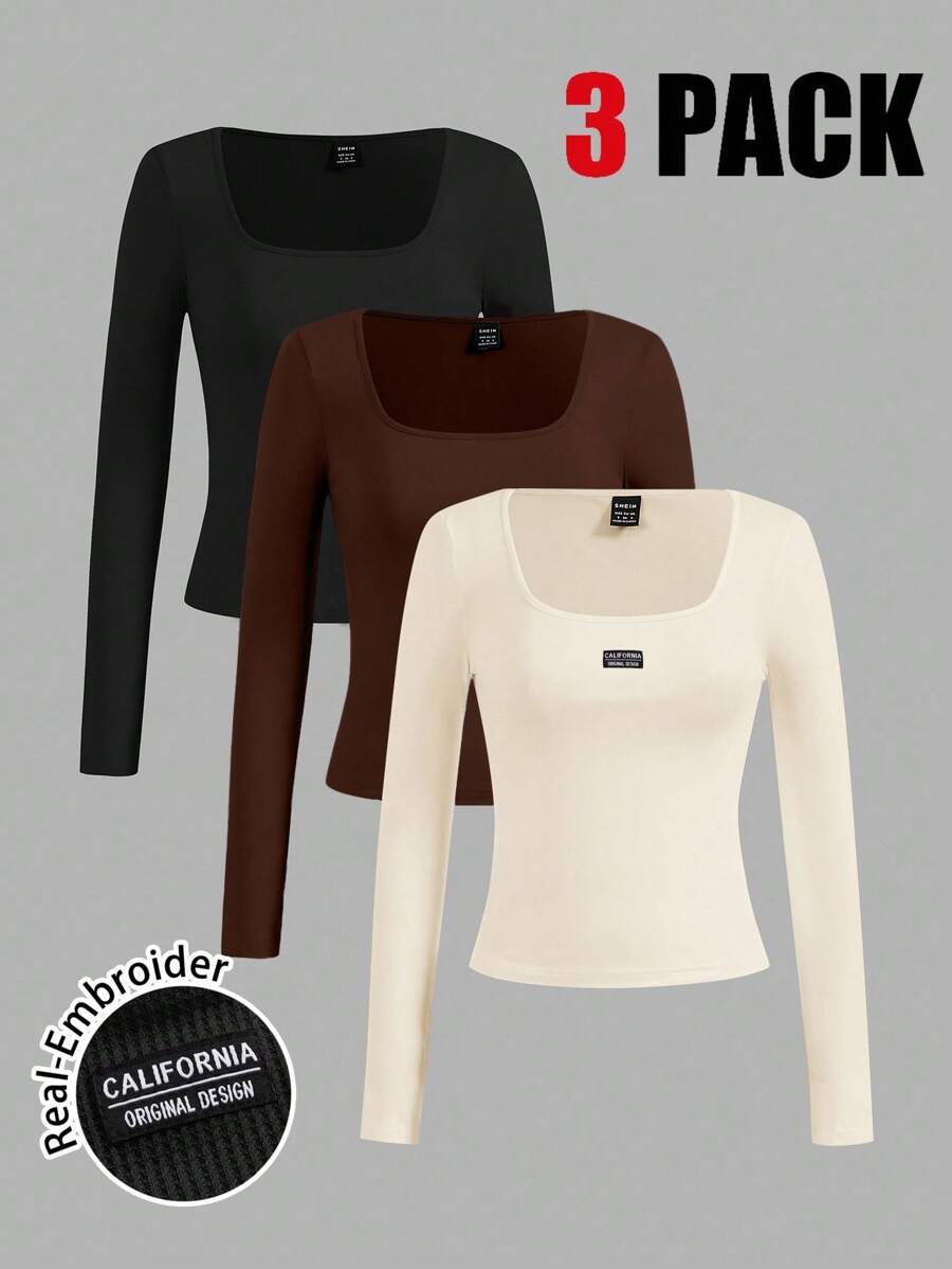 SHEIN EZwear 3 件女士休闲 U 领长袖紧身 T 恤，适合秋冬季 - 彩色 - 查看 1