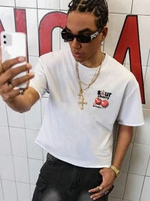Manfinity Roghcode Men's Casual Cherry Letter Print Short Sleeve T-Shirt, Summer - White - View 1