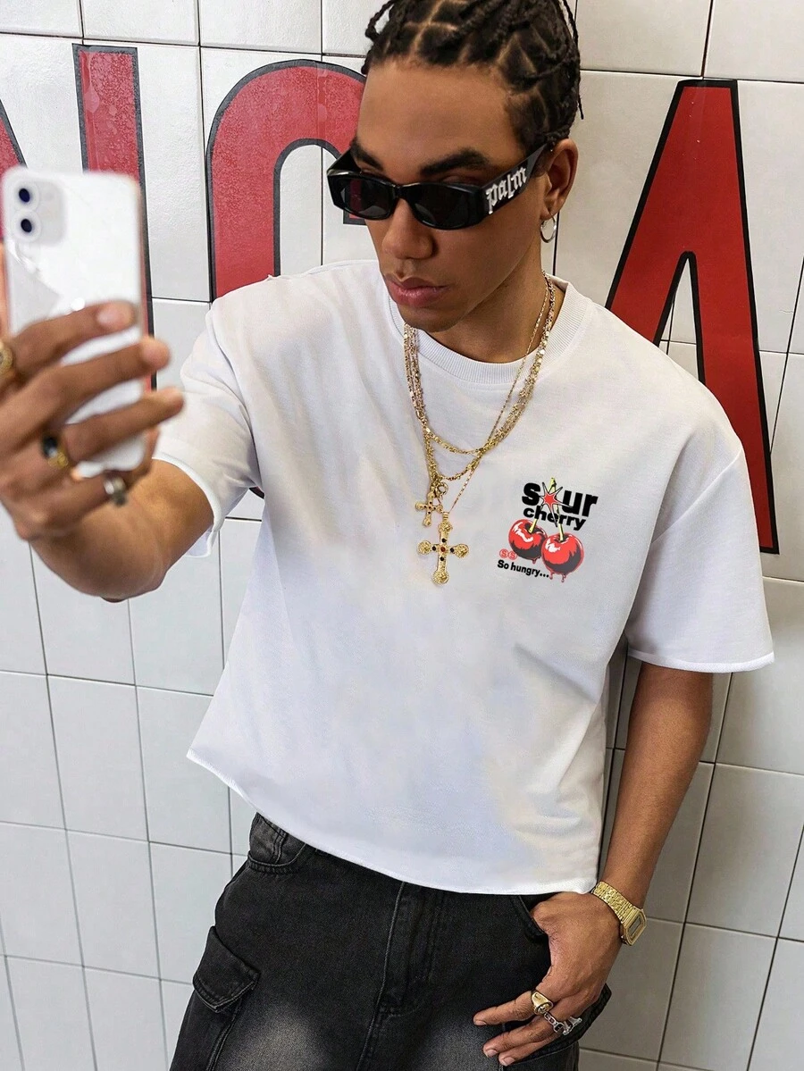 Manfinity Roghcode Men's Casual Cherry Letter Print Short Sleeve T-Shirt, Summer - White - View 1