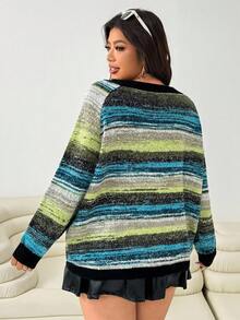 Solflare Plus Size Women Casual/Work Raglan Sleeve Colorblock Striped Pattern Pullover Sweater, Autumn/Winter Fall - Multicolor - View 4