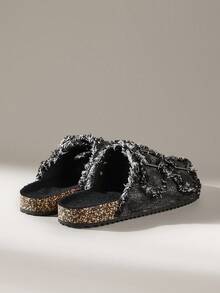 Solecia 女士圆头布洛克鞋流苏全水钻双扣平底舒适休闲鞋、派对鞋、通勤鞋、百搭鞋 - 黑色 - 查看 4