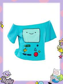 Adventure Time X ROMWE Off-Shoulder Funny Cartoon Print Women Short Sleeve T-Shirt - Green - View 1