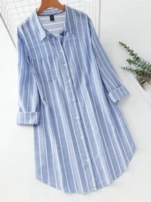 SHEIN LUNE 加大码蓝白条纹及膝秋季连衣裙，带开领衬衫，淡蓝色连衣裙，女士有袖连衣裙，蓝色返校节连衣裙，舒适棉质商务休闲女式工作服商务连衣裙 - 藍色 - 查看 1