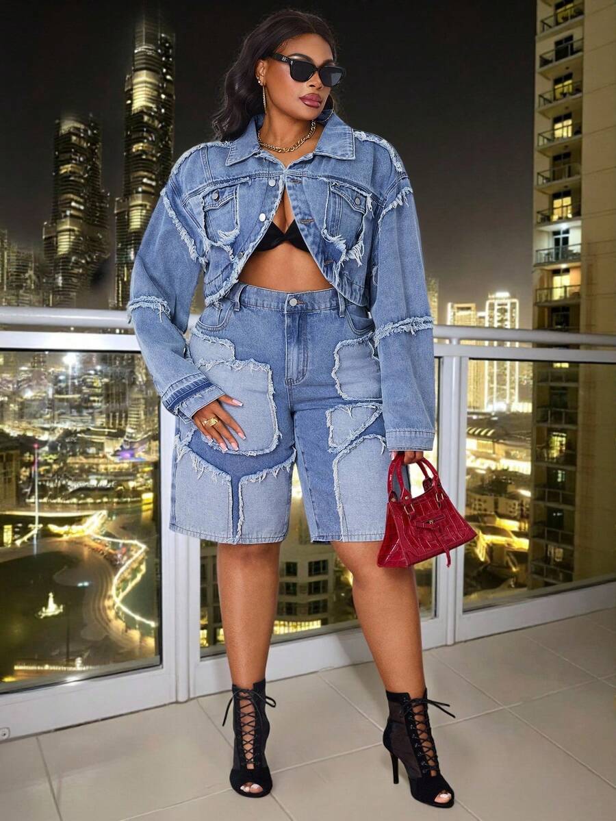 Slaydiva Plus Size Women's Retro Cropped Denim Jacket, Fashion & Personalized Old Money Autumn