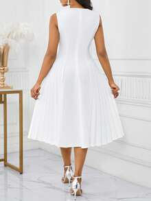 SHEIN Lady Women Summer Elegant White V-Neck Pleated Patchwork Midi Dress For Wedding Guest - White - View 2
