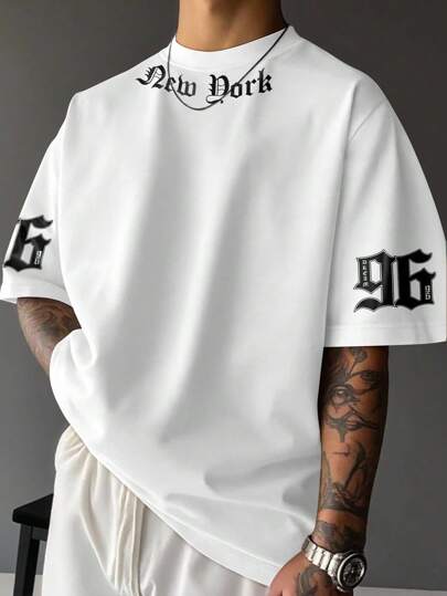 Manfinity EMRG Men's Casual Letter Print Short Sleeve T-Shirt, Summer Oversized White T Shirt Men Men Slogan Graphic Drop Shoulder Tee Street Wear Tee 96 Graphic Tee New York Graphic Tee