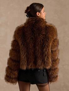 SHEIN BAE Women's Autumn/Winter Fashion Striped Faux Fur Jacket,Autumn-Winter Fur Coat,Fur Coat Women ,Faux Fur Coat,Elegant Fur Coat - Chocolate Brown - View 2