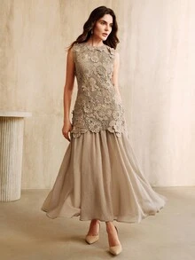 SHEIN X GALILEA Anewsta 优雅节日水溶3D镂空花朵拼布雪纺喇叭裙 卡其色 春夏 - 卡其色 - 查看 7