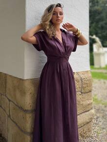 Jeta Ari Chic V-Neck Single-Breasted Twist Waist Long Dress, Women's Vacation/Festival/Going-Out Outfits, Spring/Summer Casual Dresses For Women - Purple - View 5