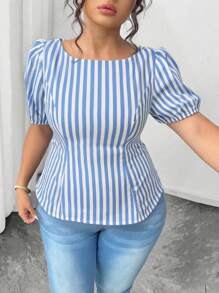 Elenzga Camisa casual ajustada a rayas para mujer de talla grande con diseño único de lazo en la espalda - Multicolor - Ver 6