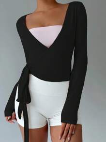 FavEase Pink Yoga Fitness Sports Stretchy Soft Open Front Tie-Up V-Neck Wrap Long Sleeve Cropped Tight Tee, Fashionable Minimalist Casual Elegant Wardrobe Essential Design For Women, Spring/Autumn Fall Cloth For Women - Black - View 4