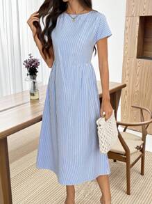 SHEIN Tall 女款休閒條紋中長洋裝，夏季商務休閒女裝，婚禮賓客禮服，老錢風女裝，適合高個子女性 - 藍色 - 查看 8