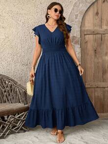 SHEIN LUNE 加大码女式纹理面料飘逸下摆长裙，夏季连衣裙毕业装 7 月 4 日白色毕业蓝色长裙休闲长裙女式夏季连衣裙分层长裙度假连衣裙 - 藏蓝色 - 查看 6