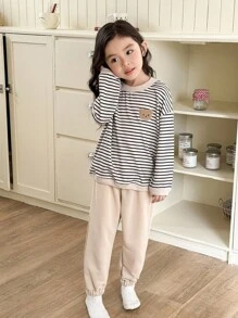 Genkimix Kids 2件套少女条纹休闲上衣+纯色休闲慢跑裤套装 - 卡其色 - 查看 4