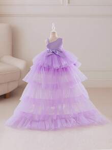 Glamorique Kids 圣诞节/新年派对装女婴亮片拖尾薄纱蛋糕裙、细肩带柔软公主裙 - 紫色 - 查看 2