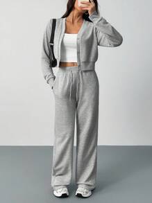 SHEIN Tall Bộ 2 món áo và quần trơn màu thường ngày dành cho nữ - Xám - Xem 1