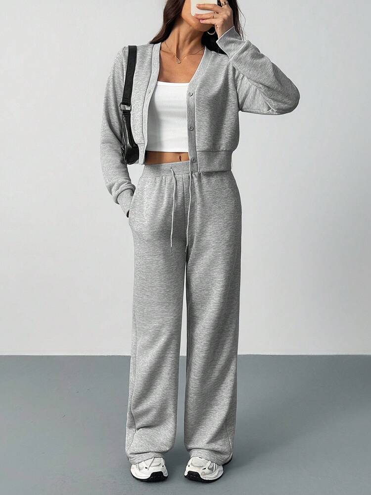 SHEIN Tall Women's Casual Solid Color Top And Pants 2 Pieces Set Grey Two Piece Set,Fall - Grey - View 1