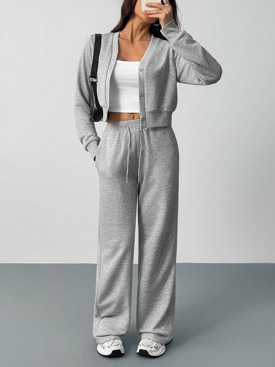 SHEIN Tall Bộ 2 món áo và quần trơn màu thường ngày dành cho nữ - Xám - Xem 1