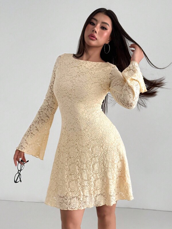 Modelyn Women's Autumn Knitted Lace Dress, Flared Sleeves, A-Line Hem, Wrap Style, Short Length, Apricot Color, Elegant Korean Fashion Outfit