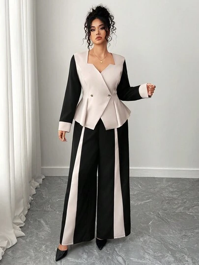 Elenzga Plus Size Women's Fashionable Elegant Vintage Chic Commute Gentle Vacation Color Block Blazer Jacket And Color Block Pants Suit, Business Casual Outfit Fall Cloth For Women Autumn
