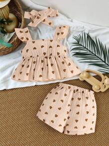 SHEIN Vintaside Kids Baby Girl Heart Print Ruffle Trim Peplum Top & Shorts - Apricot - View 3