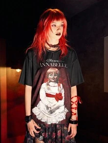 ANNABELLE x SHEIN 女士图案圆领短袖T恤 - 黑色 - 查看 4