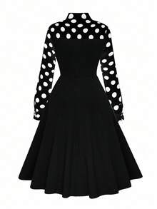 加大码优雅波尔卡圆点印花结饰拼接连衣裙，秋季长款女装 - 彩色 - 查看 2