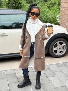 SHEIN Tween Girl Collared Long Sleeve Fleece Coat, Casual Daily Fashion Versatile Brown Coat - Brown - View 1