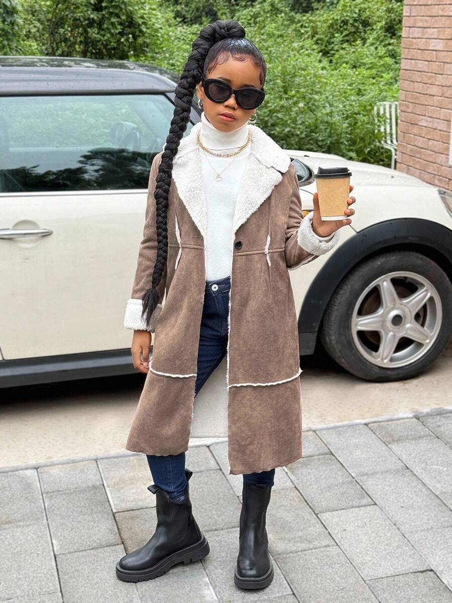 SHEIN Tween Girl Collared Long Sleeve Fleece Coat, Casual Daily Fashion Versatile Brown Coat - Brown - View 1