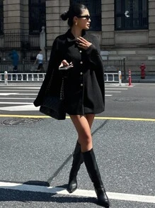 DAZY 女士加大码加厚羊毛披肩外套，复古优雅高端秋冬斗篷夹克 - 黑色 - 查看 4