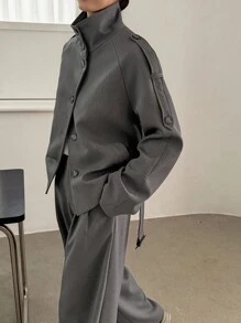 DAZY 女士立领短款系带风衣外套和宽松阔腿裤休闲套装，两件套，家居服套装 - 灰色 - 查看 6