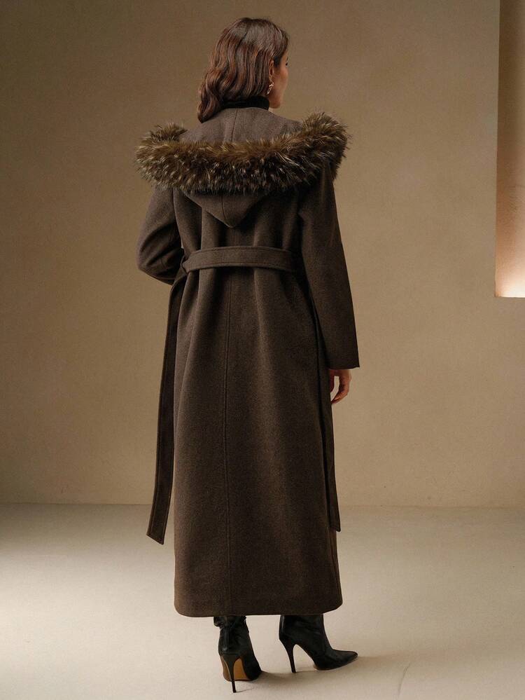 フワフワファー付きフード付き ロングオーバーコート、秋、冬、外出、エレガント、フォーマル、パーティー、シック、新年、レディースウィンターコート、クリスマス、仕事、卒業式に適しています